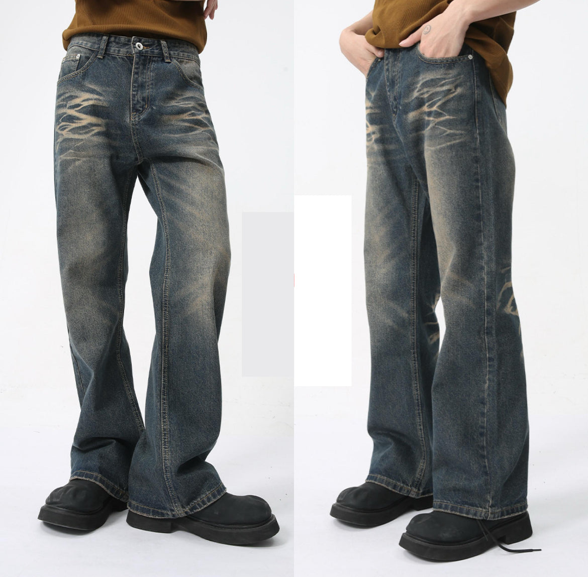 Vintage Flame-Wash Wide-Leg Jeans