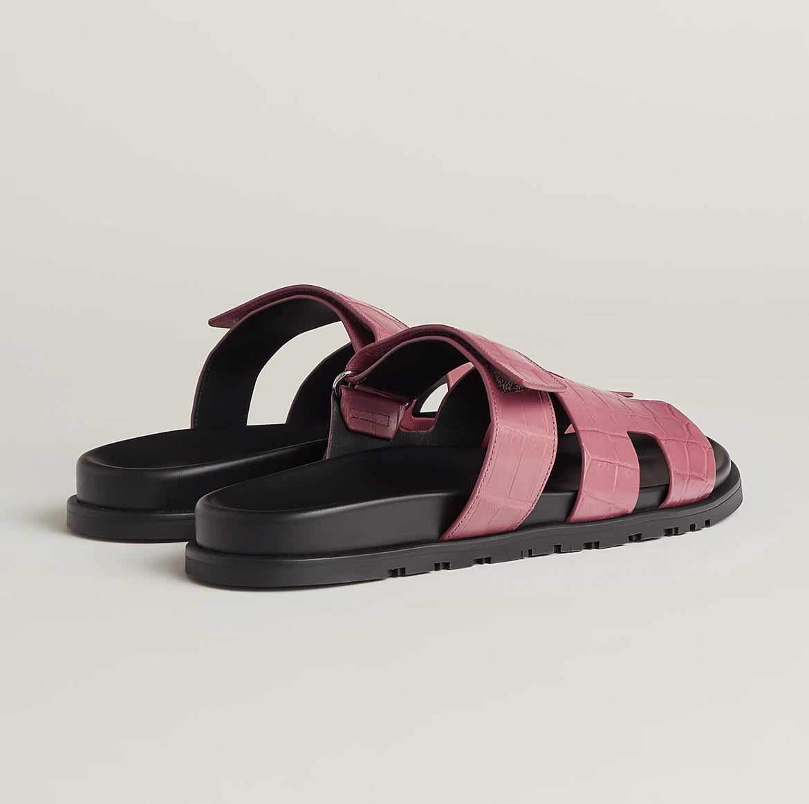 Hermès Iconic “H” Sandals – Pink Croc Embossed Leather