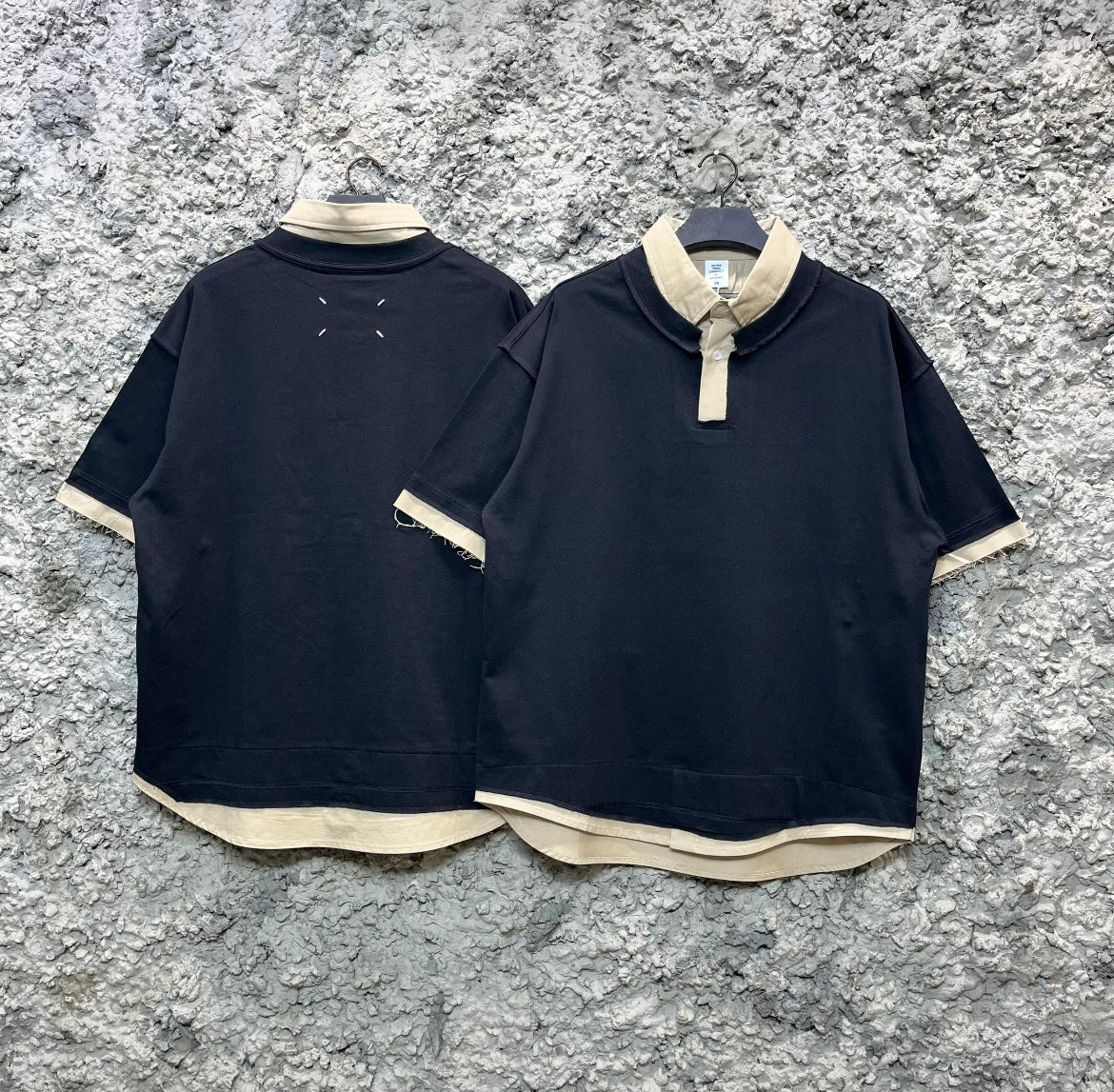 Dual-Tone Distressed Collar Polo Shirt
