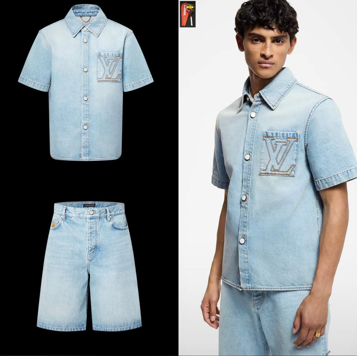 LV-Inspired Light Wash Denim Shirt & Shorts Set