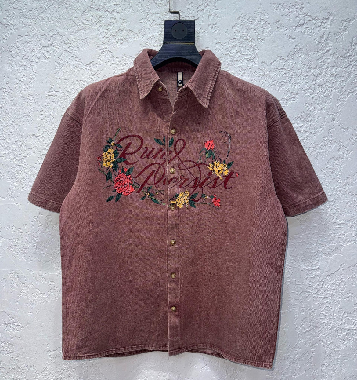 “Run & Persist” Floral Embroidered Denim Shirt