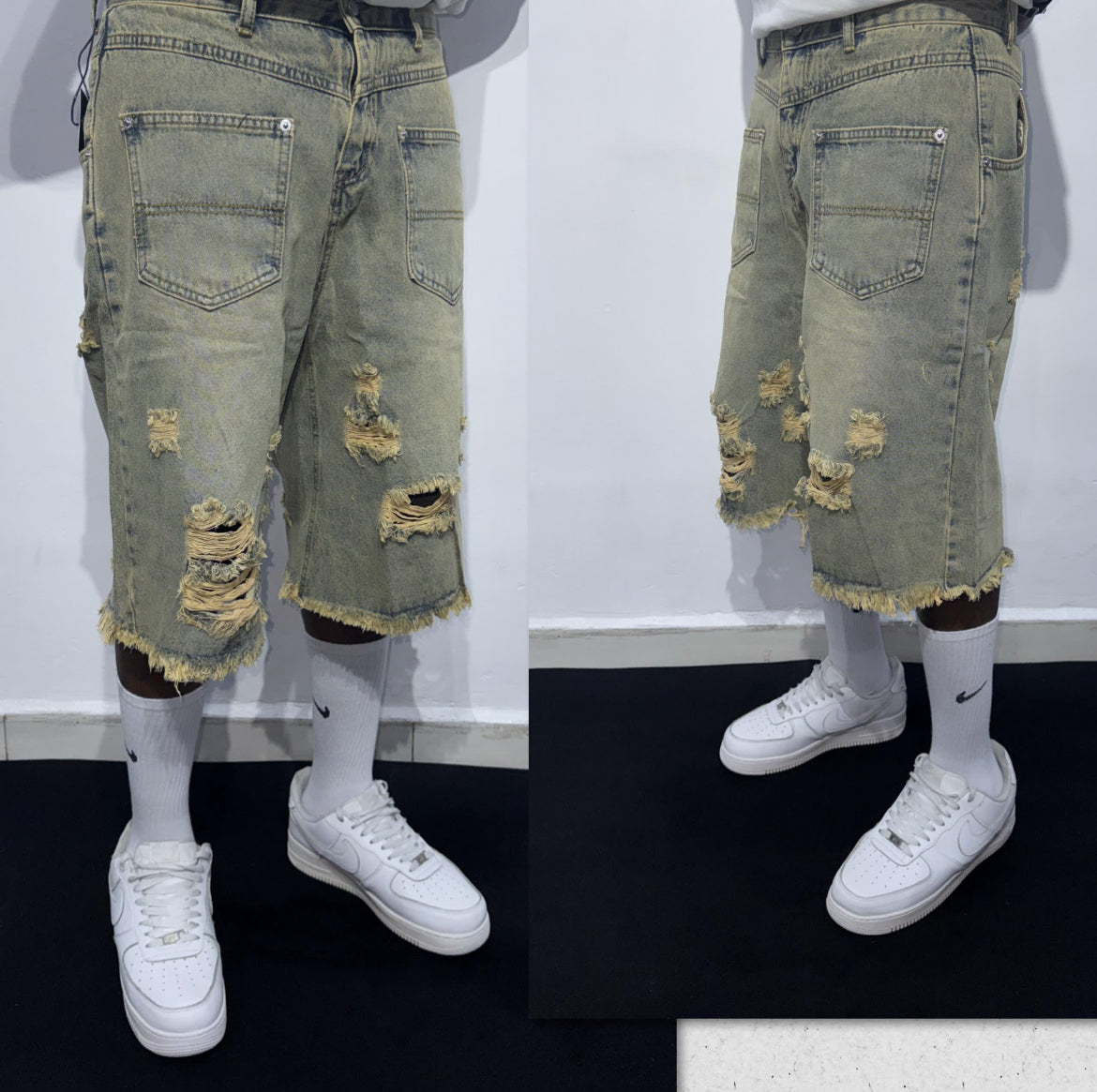 Grunge Washed Distressed Jorts – Olive Fade