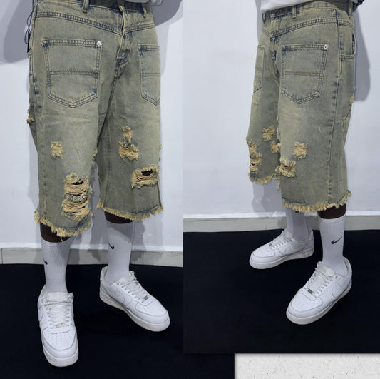 Grunge Washed Distressed Jorts – Olive Fade