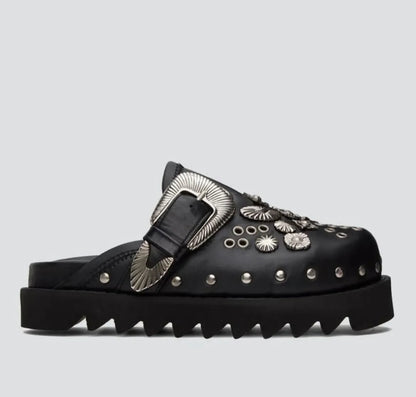 Black Studded Buckle Mule Sandals