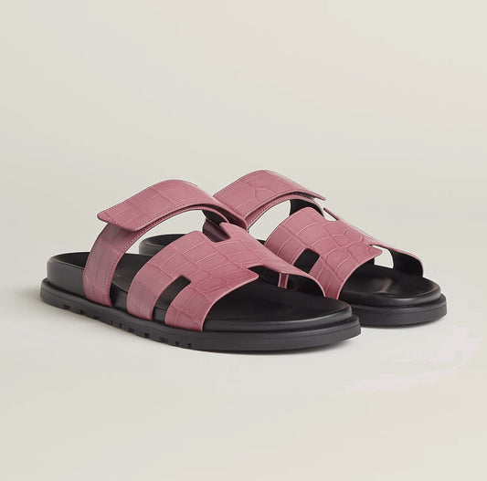 Hermès Iconic “H” Sandals – Pink Croc Embossed Leather