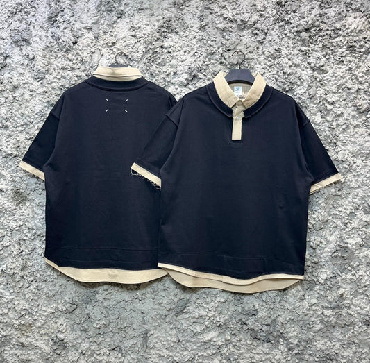 Dual-Tone Distressed Collar Polo Shirt