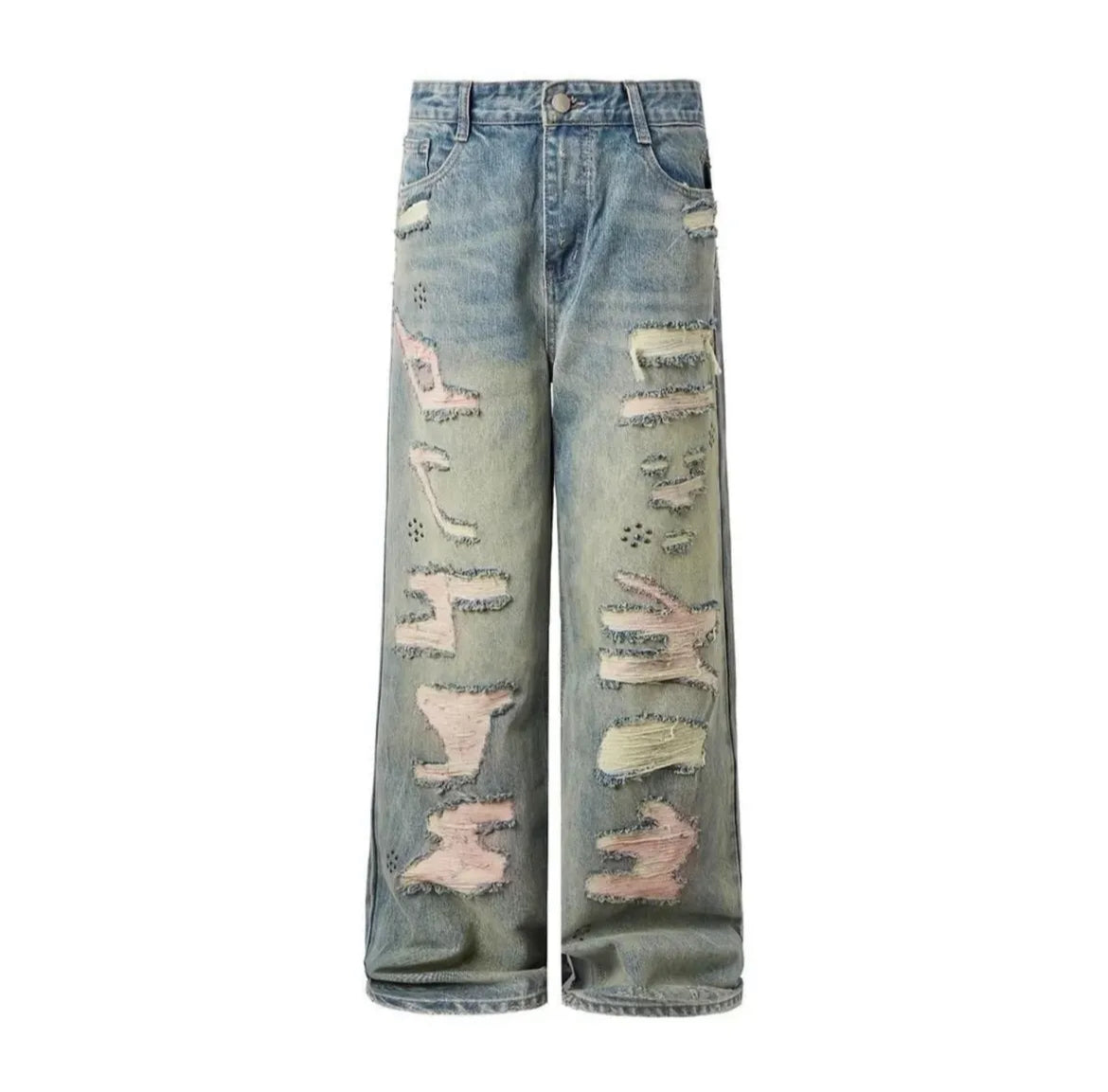 Patchwork Distressed Wide-Leg Jeans