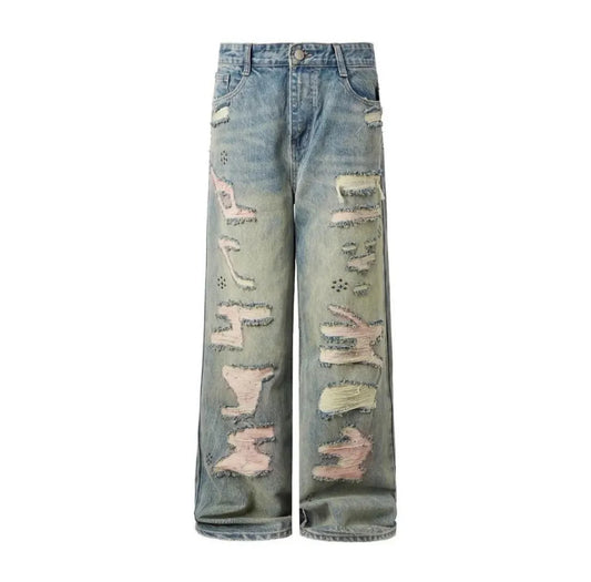 Patchwork Distressed Wide-Leg Jeans