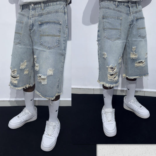 Vintage Distressed Denim Jorts - Light Blue
