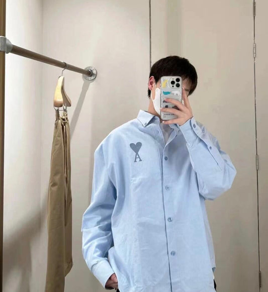 AMI Heart Logo Long Sleeve Button-Up Shirt