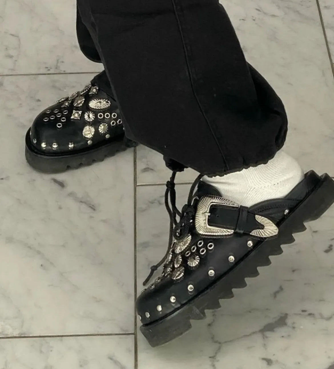 Black Studded Buckle Mule Sandals