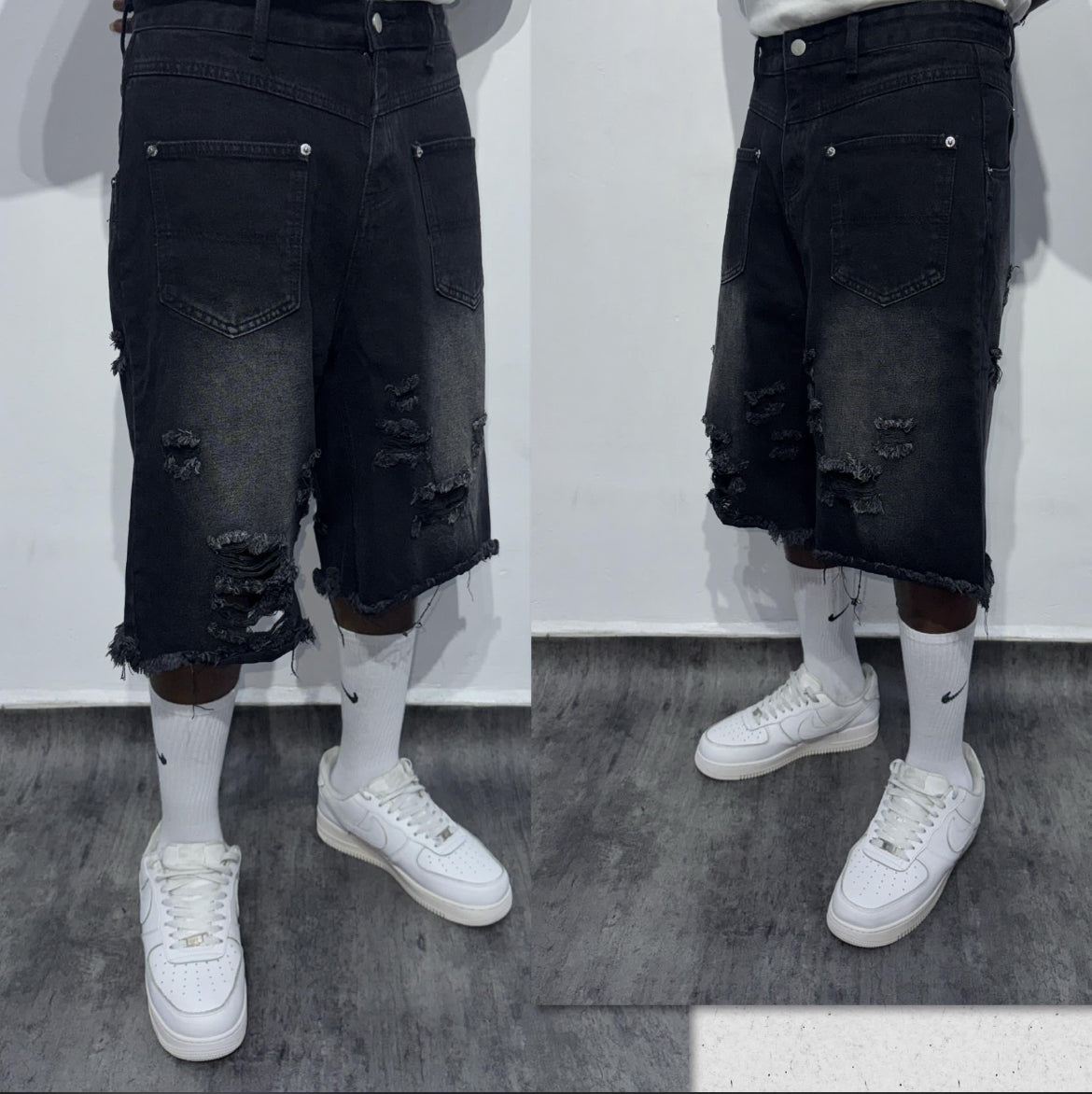 Midnight Shredder Distressed Jorts – Faded Black