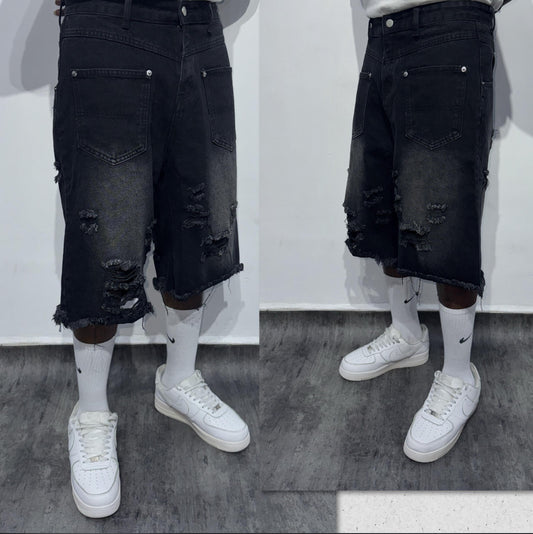 Midnight Shredder Distressed Jorts – Faded Black