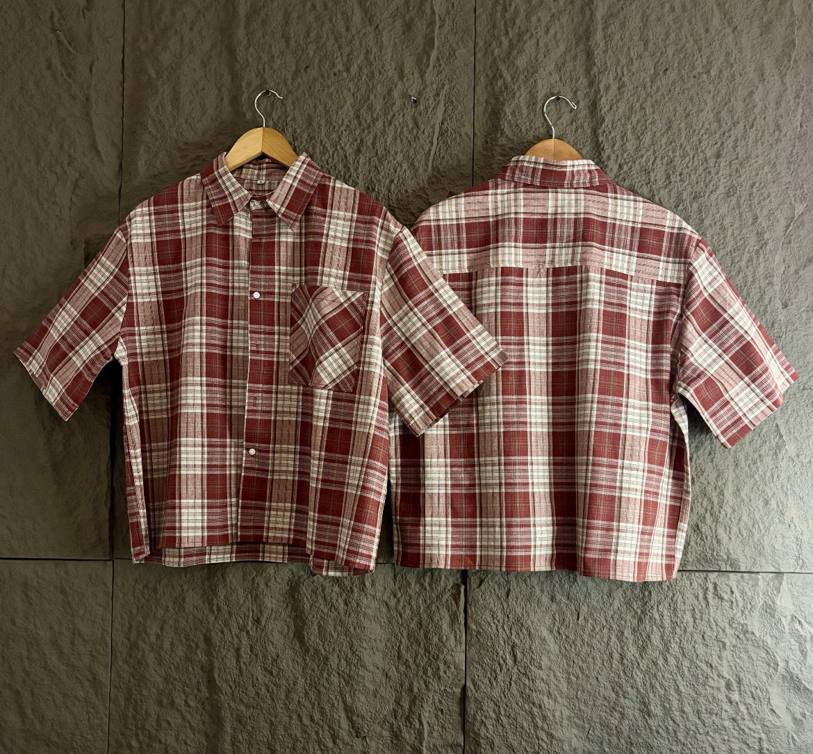 Boxy Fit Red Plaid Short Sleeve Shirt