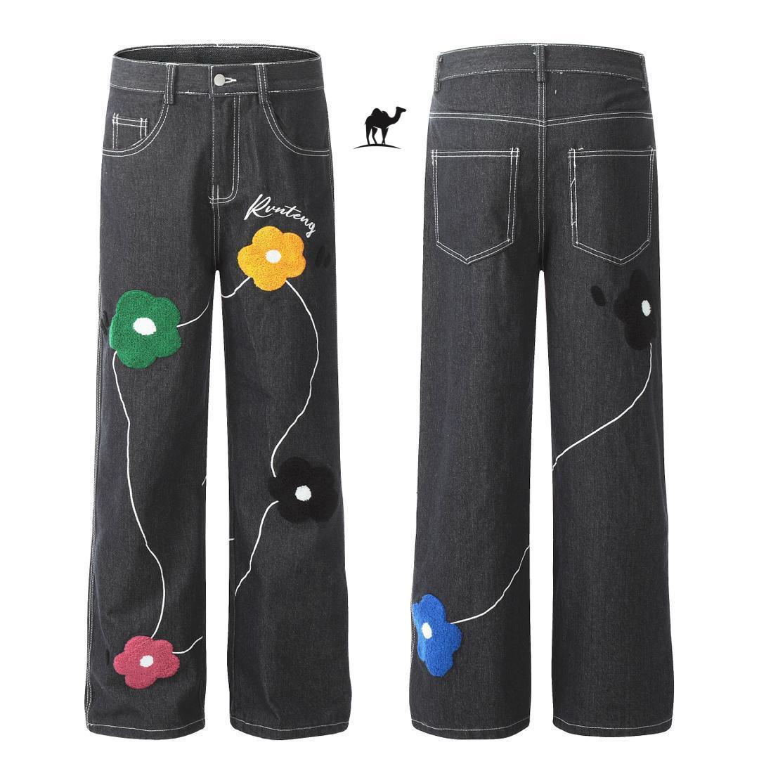 Vintage Floral Embroidery Washed Straight Leg Jeans