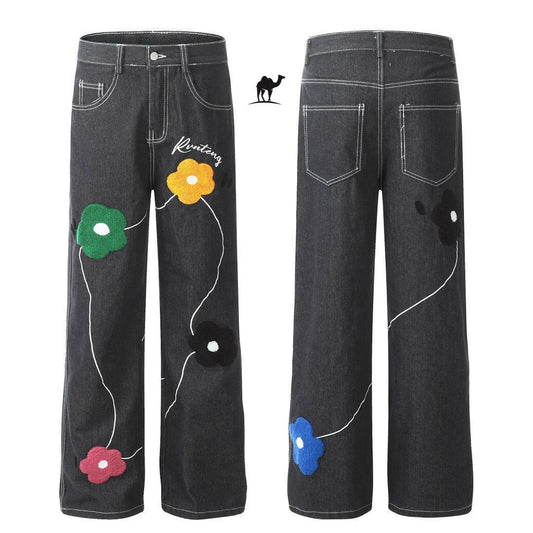 Vintage Floral Embroidery Washed Straight Leg Jeans